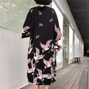 Japanese Crane Print Long Kimono-Kawaii Dream