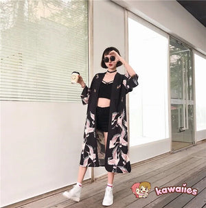 Japanese Crane Print Long Kimono-Kawaii Dream