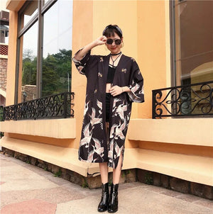 Japanese Crane Print Long Kimono-Kawaii Dream