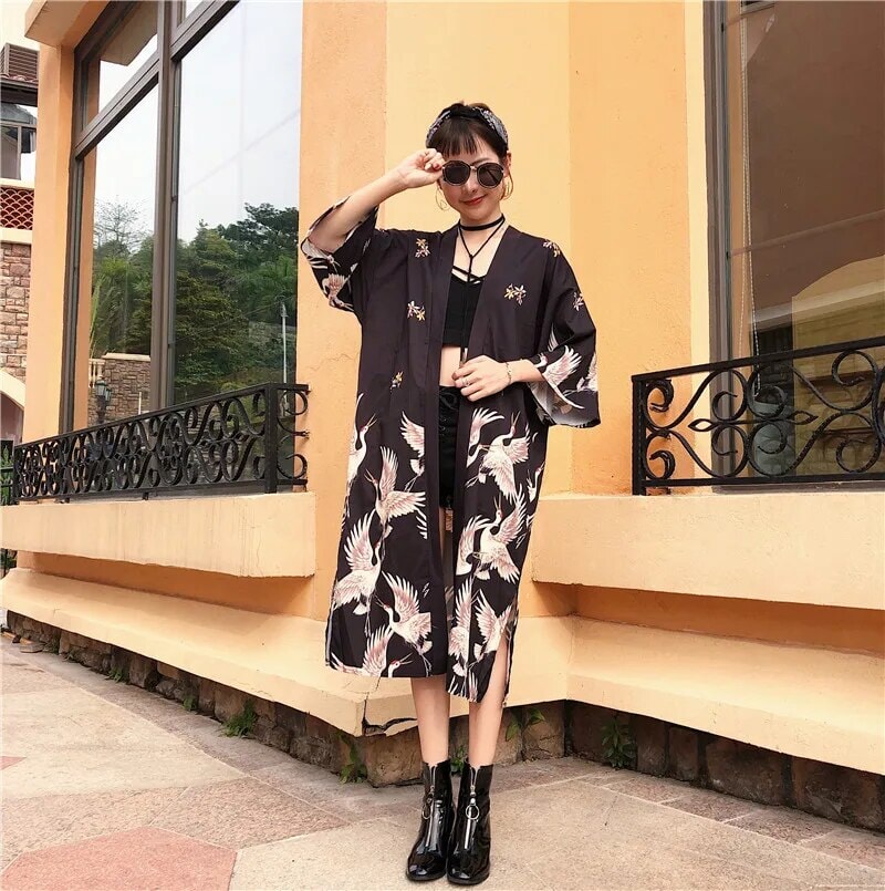 Japanese Crane Print Long Kimono-Kawaii Dream