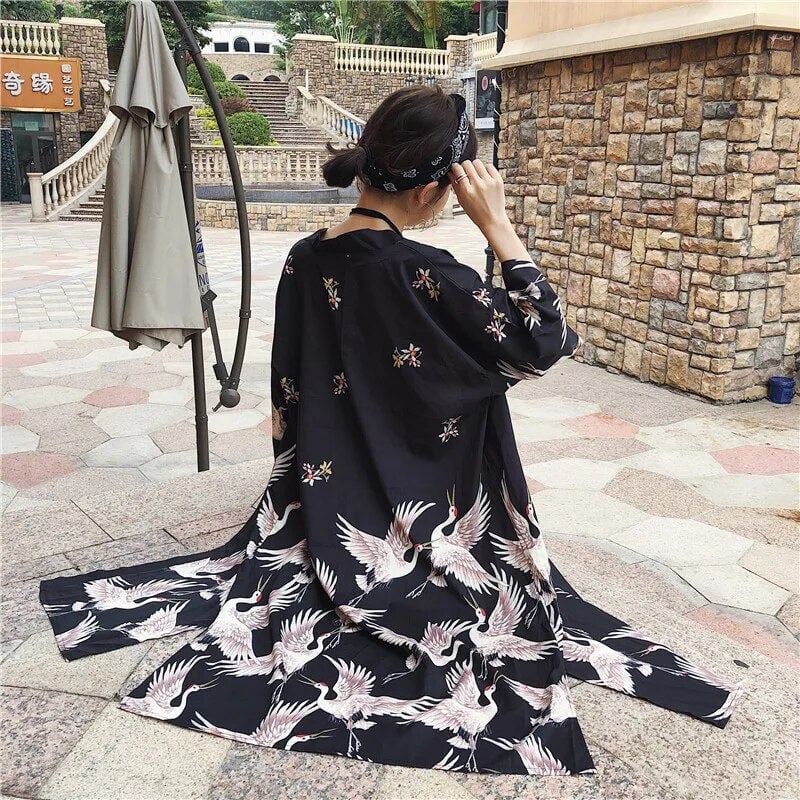 Japanese Crane Print Long Kimono-Kawaii Dream