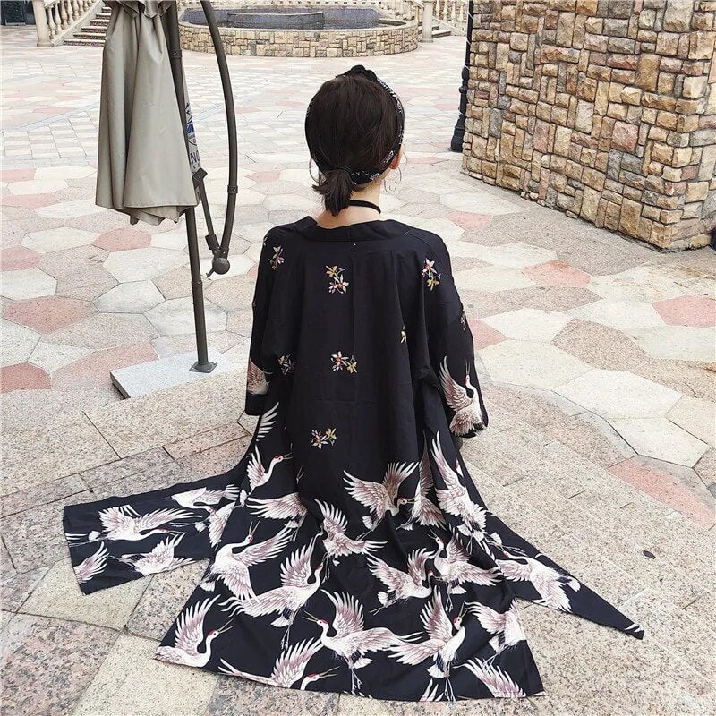 Japanese Crane Print Long Kimono-Kawaii Dream