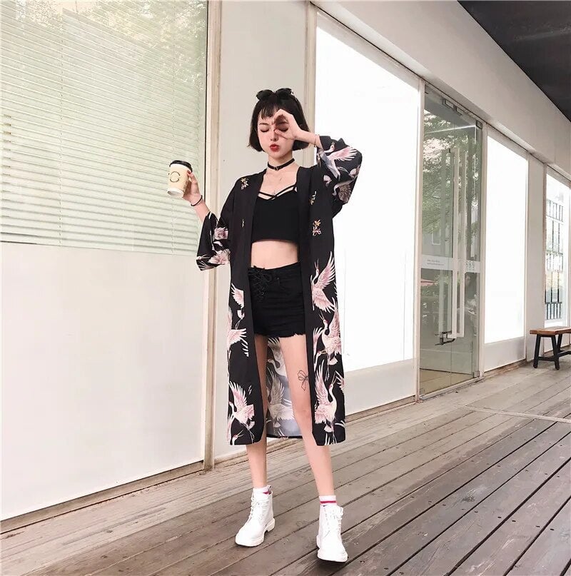 Japanese Crane Print Long Kimono-Kawaii Dream