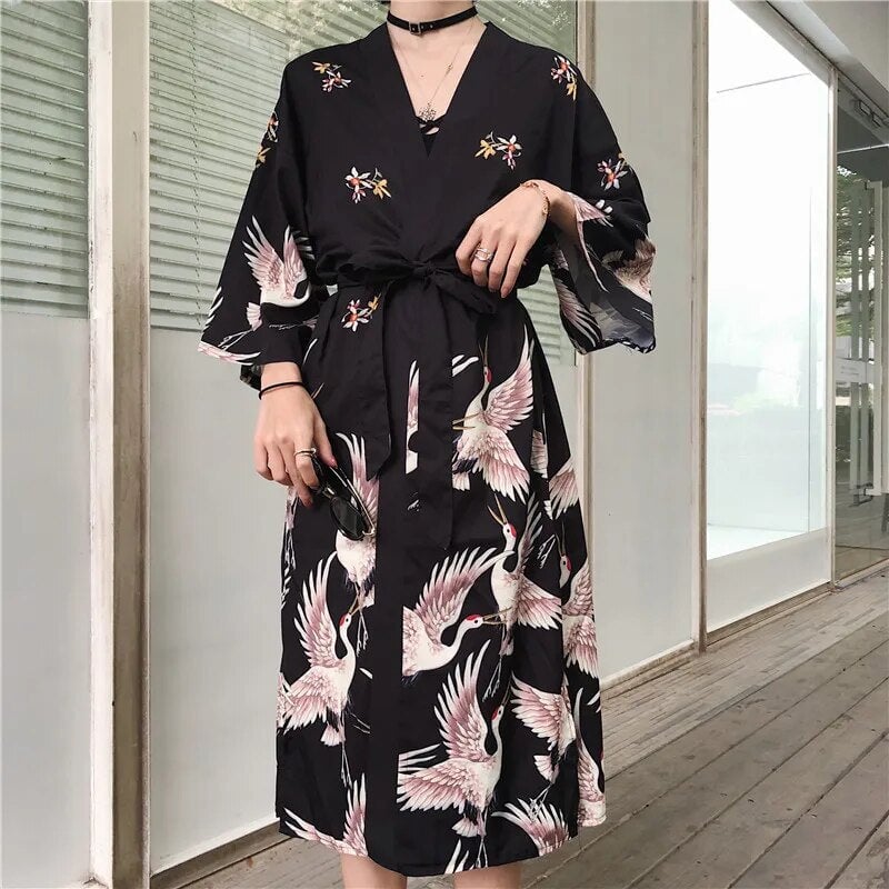 Japanese Crane Print Long Kimono-Kawaii Dream