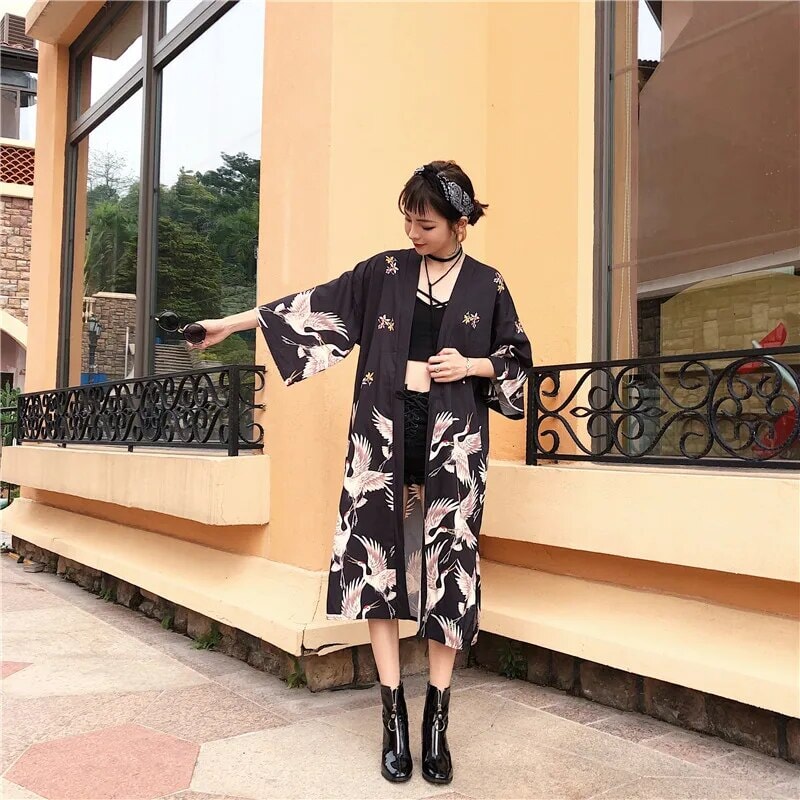 Japanese Crane Print Long Kimono-Kawaii Dream