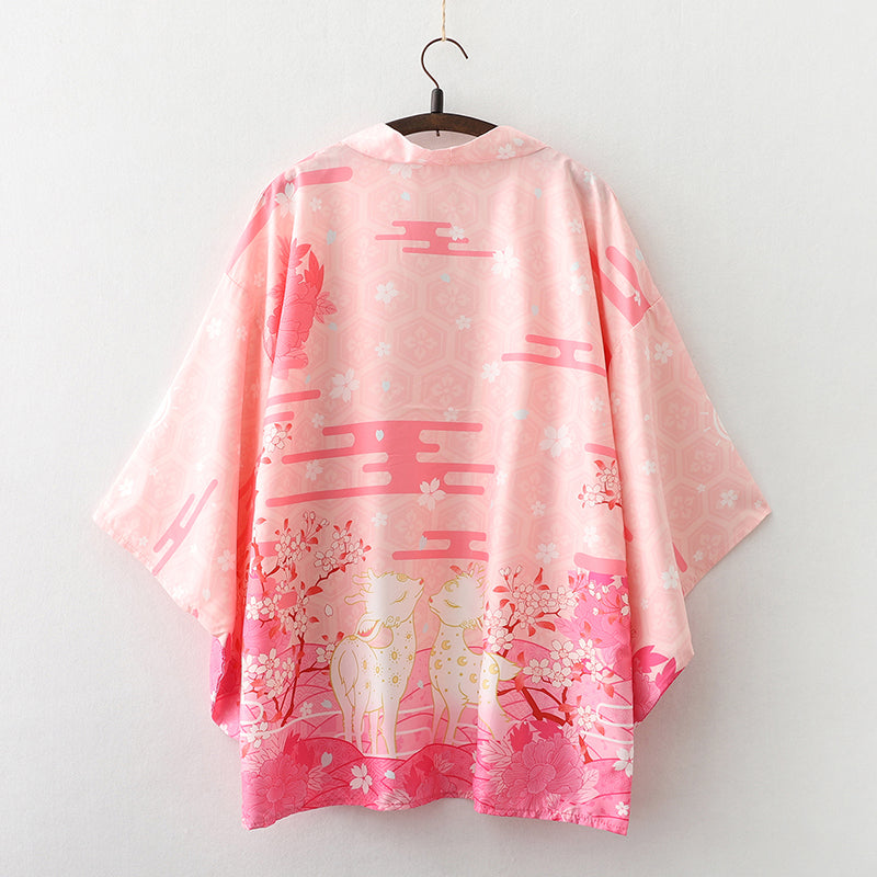 Japanese Deer of Nara with Sakura Trees Kimono-Kawaii Dream