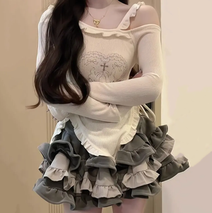 Japanese Harajuku Gray White Bunny Ruffled Skirt Top-Kawaii Dream