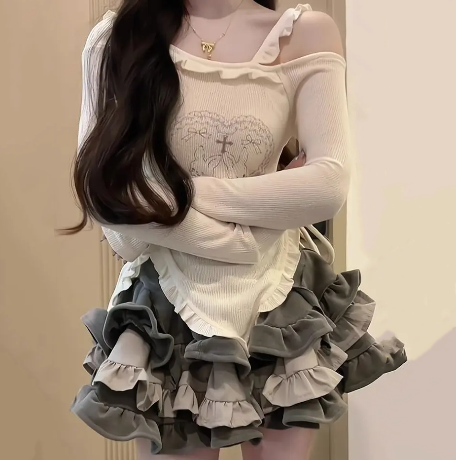 Japanese Harajuku Gray White Bunny Ruffled Skirt Top-Kawaii Dream