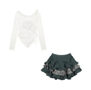 Japanese Harajuku Gray White Bunny Ruffled Skirt Top-Kawaii Dream