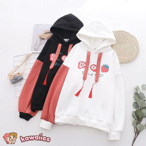 Japanese Kanji Strawberry Print White Black Unisex Hoodies-Kawaii Dream