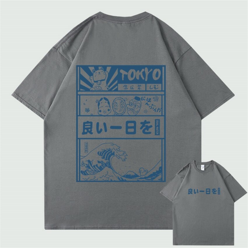 Japanese Kanji Wave Masks Lucky Cat Cotton Tee Set 1-Kawaii Dream