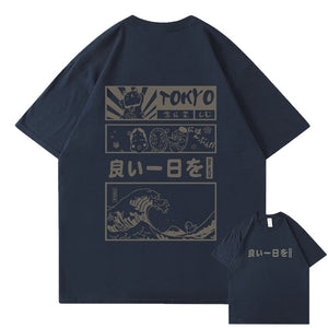 Japanese Kanji Wave Masks Lucky Cat Cotton Tee Set 1-Kawaii Dream