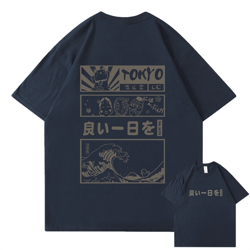 Japanese Kanji Wave Masks Lucky Cat Cotton Tee Set 1-Kawaii Dream