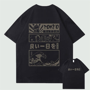 Japanese Kanji Wave Masks Lucky Cat Cotton Tee Set 1-Kawaii Dream