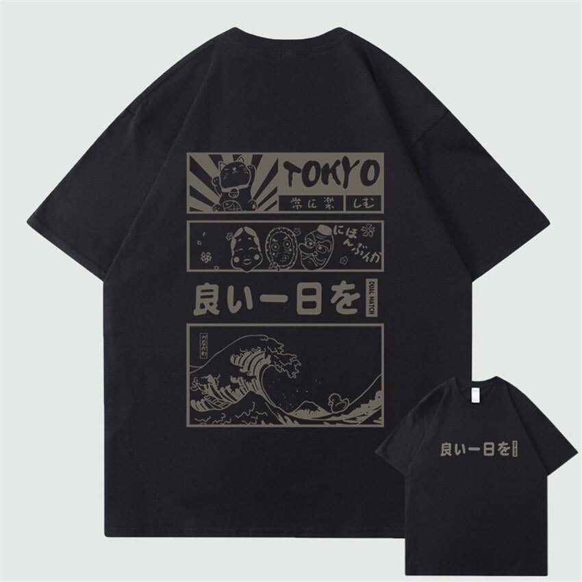Japanese Kanji Wave Masks Lucky Cat Cotton Tee Set 1-Kawaii Dream