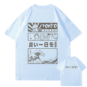 Japanese Kanji Wave Masks Lucky Cat Cotton Tee Set 1-Kawaii Dream