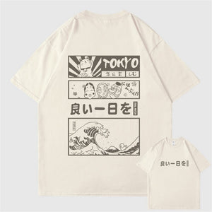 Japanese Kanji Wave Masks Lucky Cat Cotton Tee Set 1-Kawaii Dream