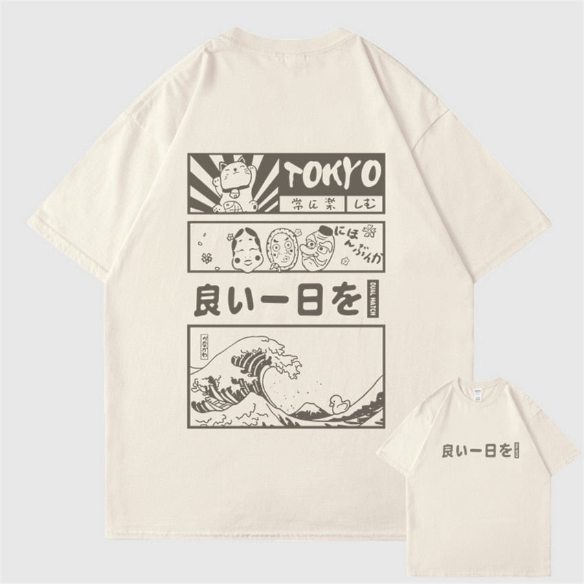 Japanese Kanji Wave Masks Lucky Cat Cotton Tee Set 1-Kawaii Dream