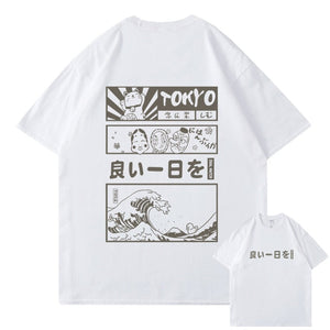 Japanese Kanji Wave Masks Lucky Cat Cotton Tee Set 1-Kawaii Dream