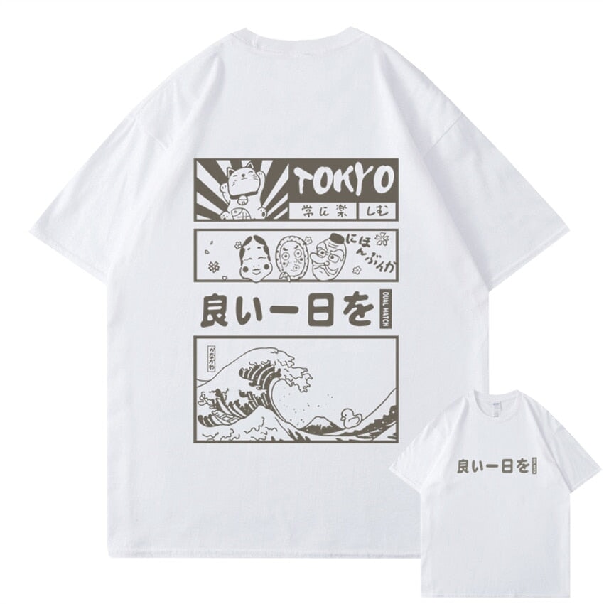 Japanese Kanji Wave Masks Lucky Cat Cotton Tee Set 1-Kawaii Dream