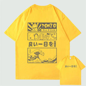 Japanese Kanji Wave Masks Lucky Cat Cotton Tee Set 1-Kawaii Dream