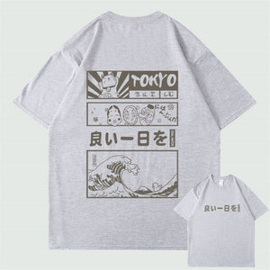 Japanese Kanji Wave Masks Lucky Cat Cotton Tee Set 1-Kawaii Dream
