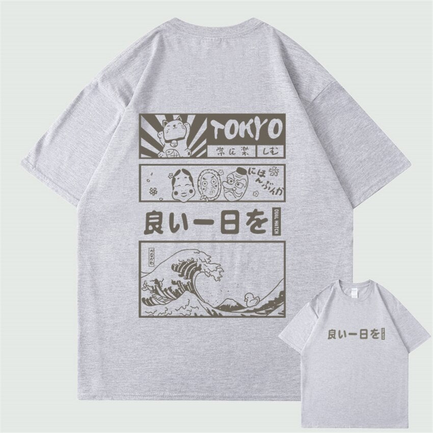 Japanese Kanji Wave Masks Lucky Cat Cotton Tee Set 1-Kawaii Dream