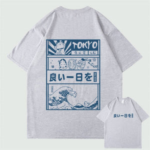 Japanese Kanji Wave Masks Lucky Cat Cotton Tee Set 2-Kawaii Dream