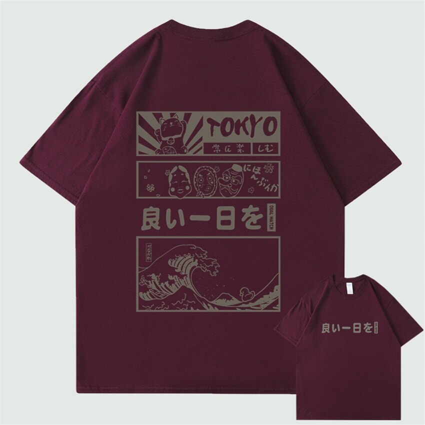 Japanese Kanji Wave Masks Lucky Cat Cotton Tee Set 2-Kawaii Dream