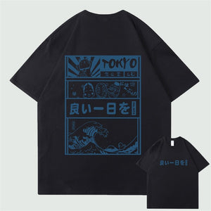 Japanese Kanji Wave Masks Lucky Cat Cotton Tee Set 2-Kawaii Dream