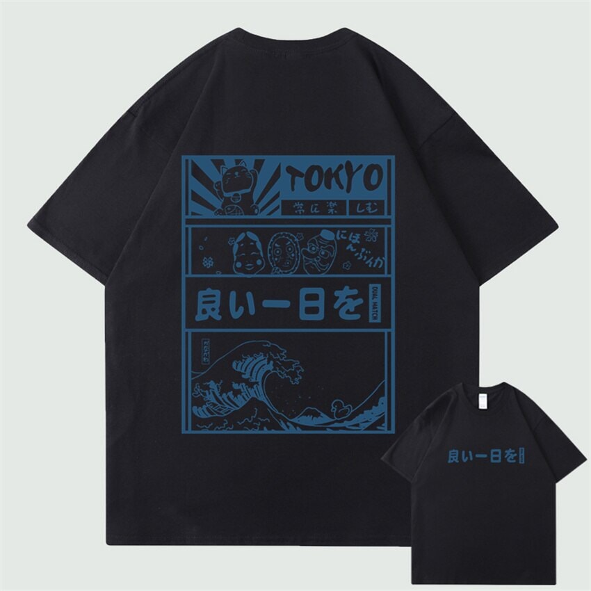 Japanese Kanji Wave Masks Lucky Cat Cotton Tee Set 2-Kawaii Dream