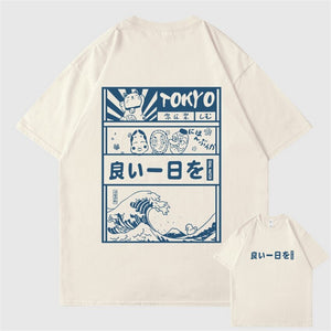 Japanese Kanji Wave Masks Lucky Cat Cotton Tee Set 2-Kawaii Dream