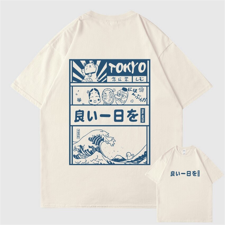 Japanese Kanji Wave Masks Lucky Cat Cotton Tee Set 2-Kawaii Dream