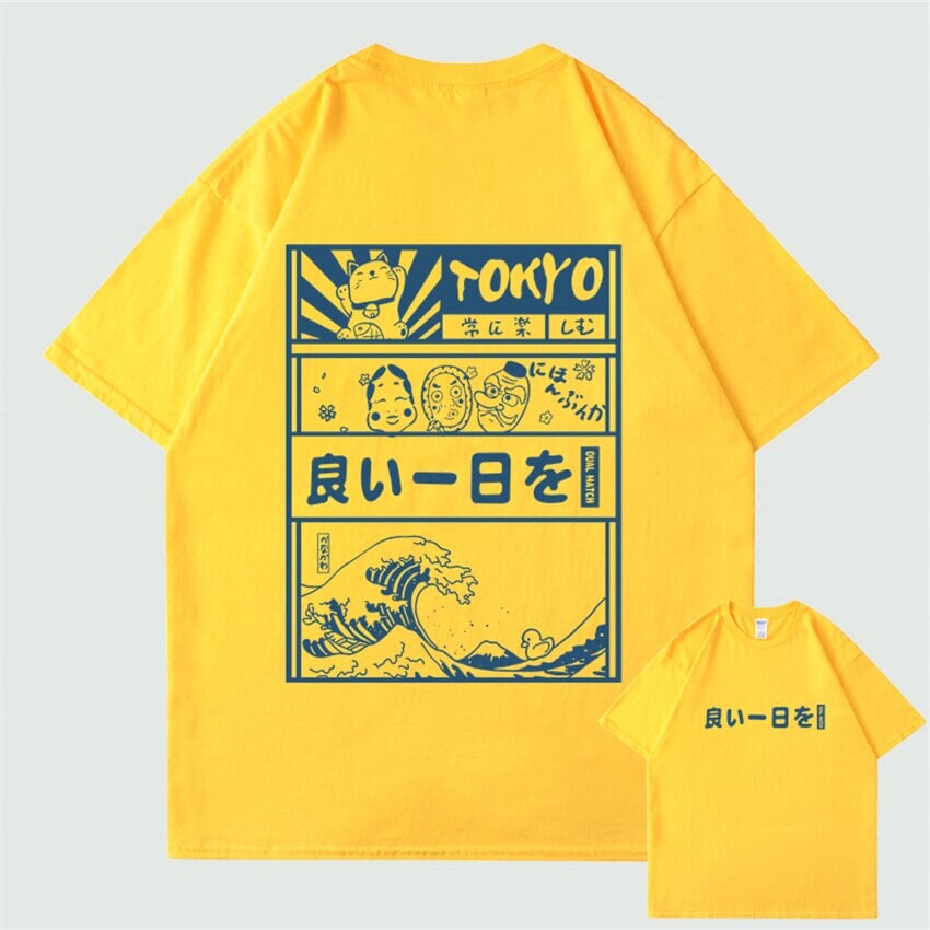 Japanese Kanji Wave Masks Lucky Cat Cotton Tee Set 2-Kawaii Dream