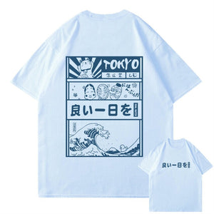 Japanese Kanji Wave Masks Lucky Cat Cotton Tee Set 2-Kawaii Dream