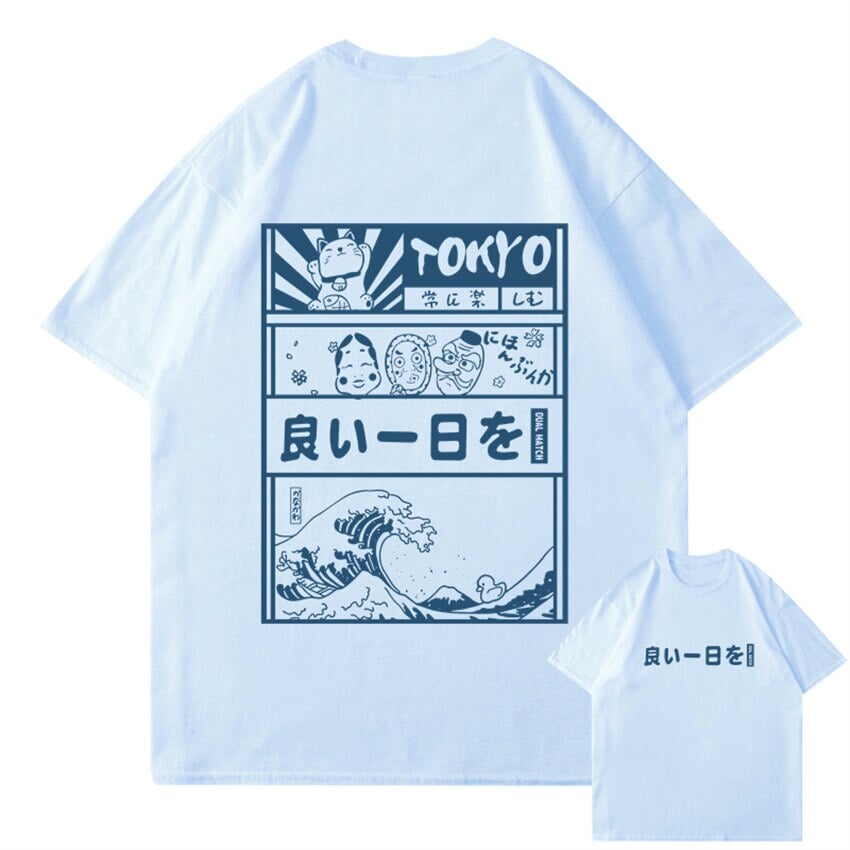 Japanese Kanji Wave Masks Lucky Cat Cotton Tee Set 2-Kawaii Dream