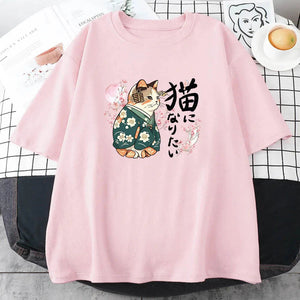 Japanese Kimono Cat Sakura Kanji Unisex Tee-Kawaii Dream