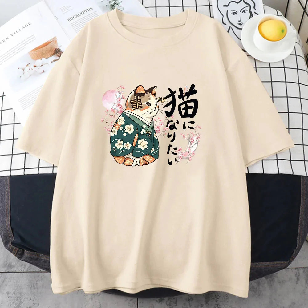 Japanese Kimono Cat Sakura Kanji Unisex Tee-Kawaii Dream