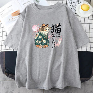 Japanese Kimono Cat Sakura Kanji Unisex Tee-Kawaii Dream