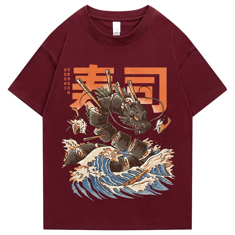 Japanese King Dragon Sushi Roll Waves Unisex Tee-Kawaii Dream