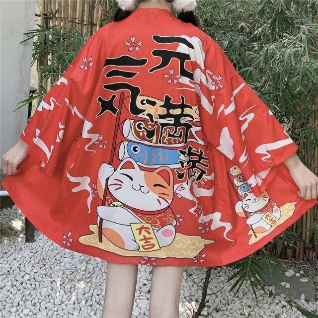 Japanese Lucky Cat Lightweight Kimono Top-Kawaii Dream