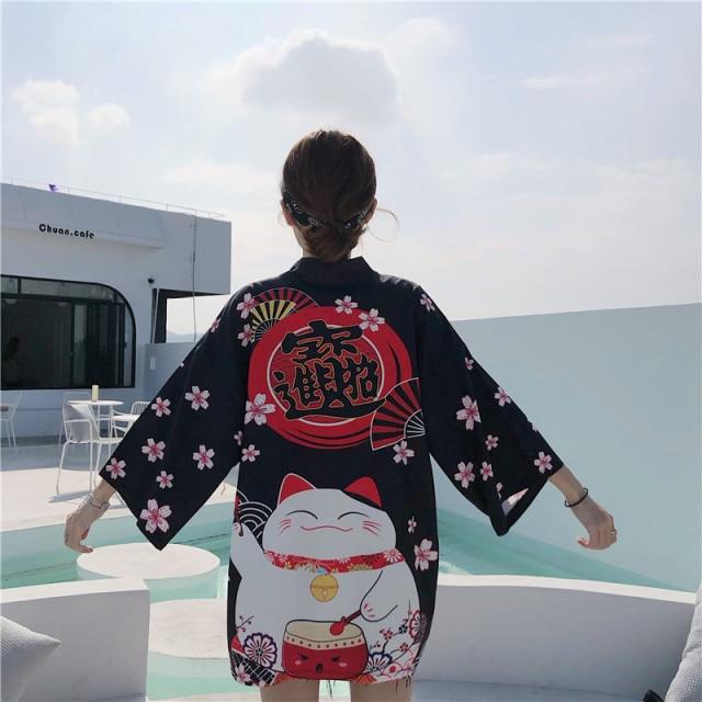 Japanese Lucky Cat Lightweight Kimono Top-Kawaii Dream