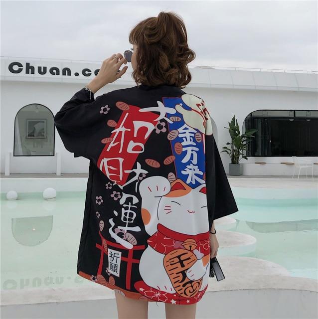 Japanese Lucky Cat Lightweight Kimono Top-Kawaii Dream