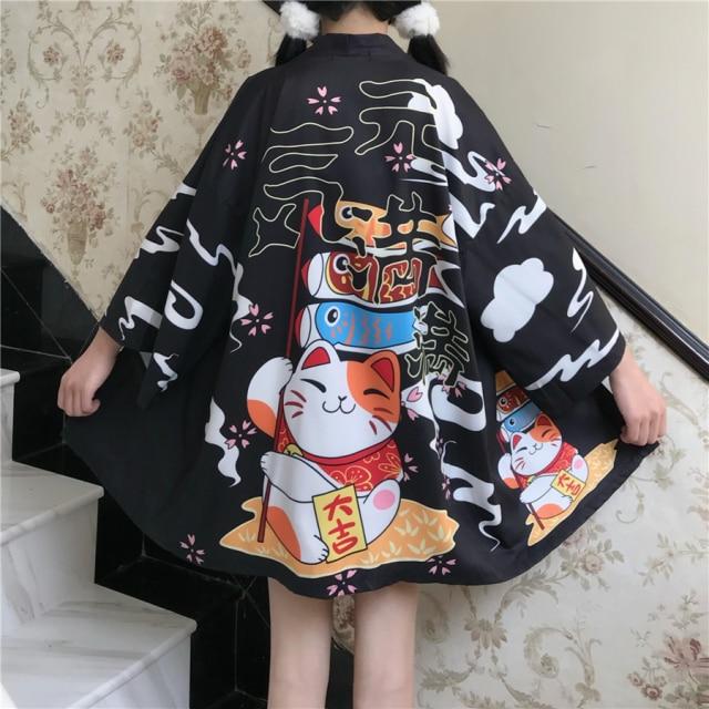 Japanese Lucky Cat Lightweight Kimono Top-Kawaii Dream