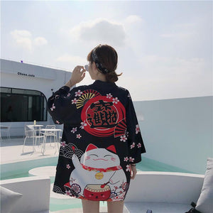 Japanese Lucky Cat Lightweight Kimono Top-Kawaii Dream