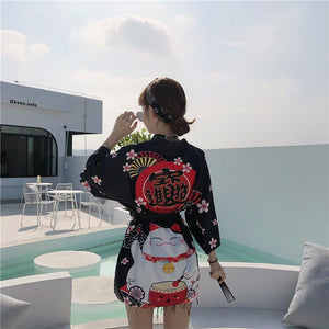 Japanese Lucky Cat Lightweight Kimono Top-Kawaii Dream