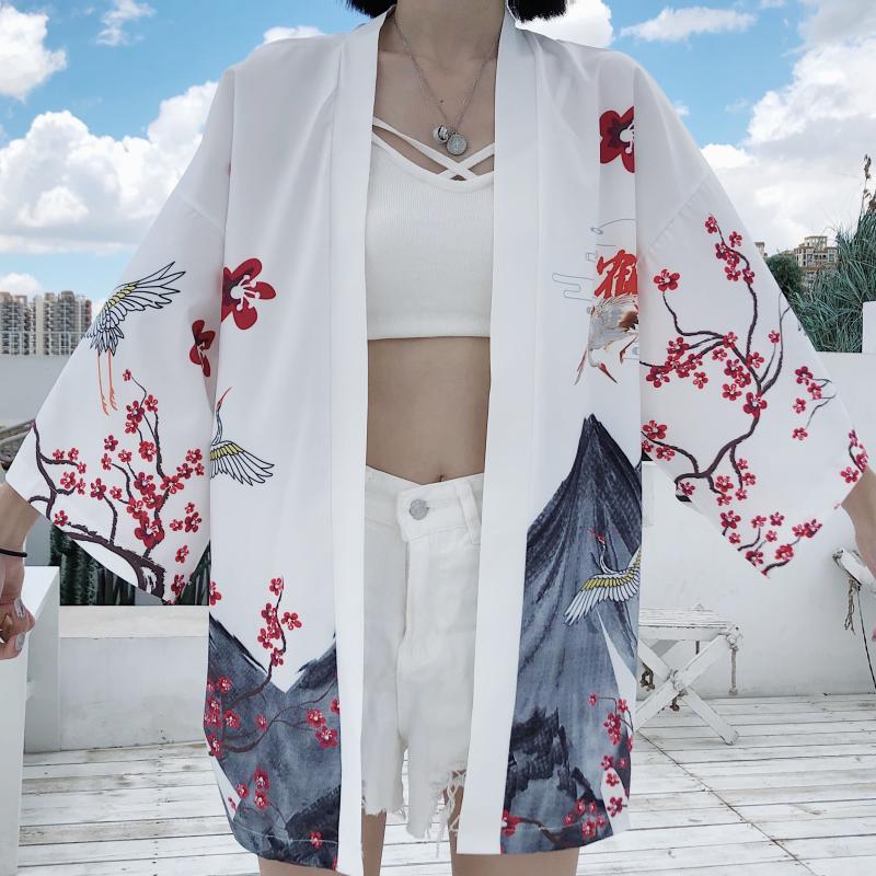 Japanese Red Crowned Crane Sakura Kimono Cardigan-Kawaii Dream