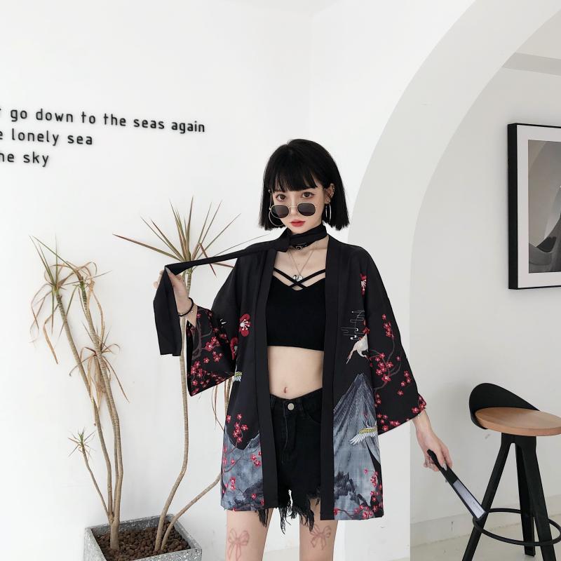 Japanese Red Crowned Crane Sakura Kimono Cardigan-Kawaii Dream
