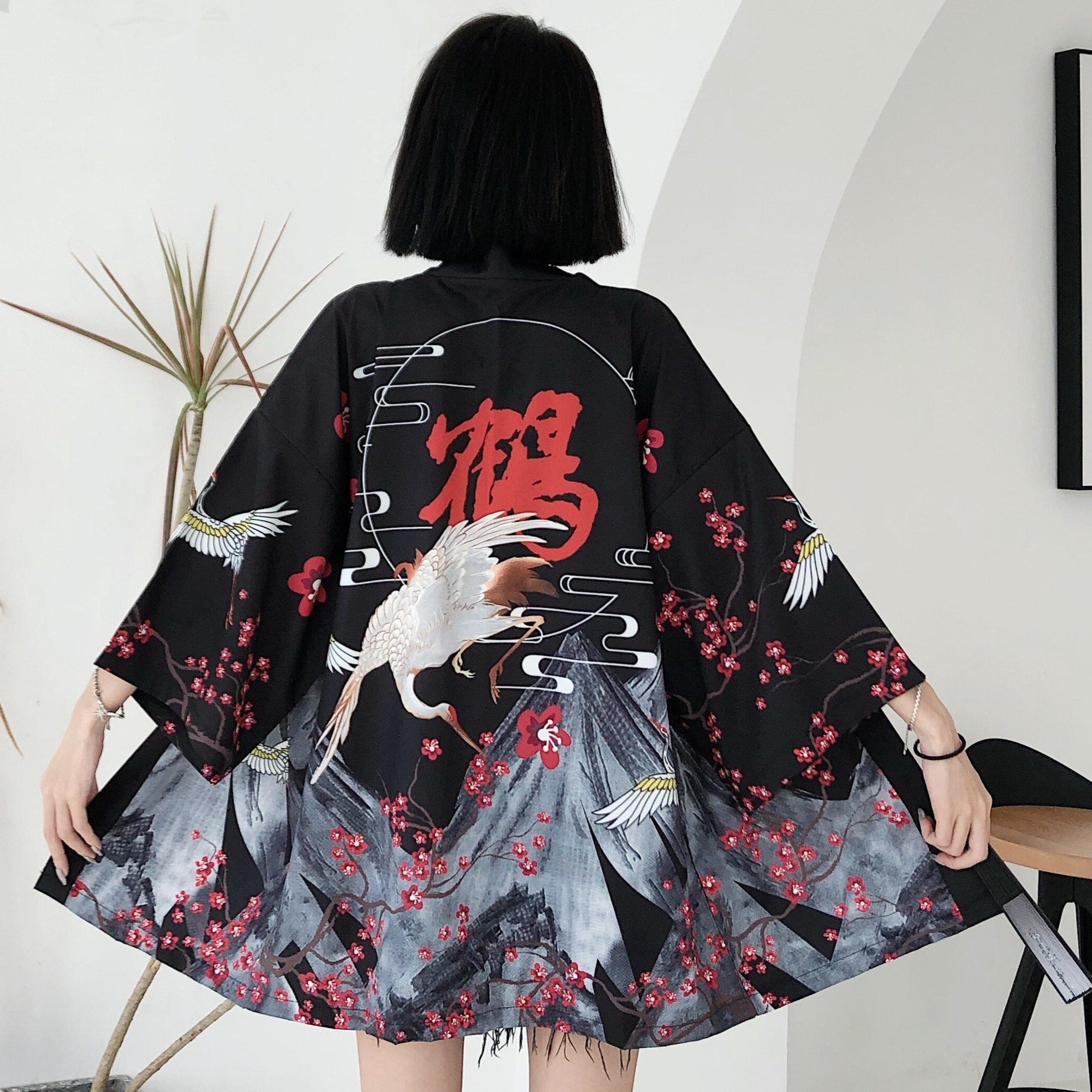 Japanese Red Crowned Crane Sakura Kimono Cardigan-Kawaii Dream