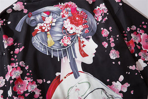 Japanese Sakura Black Red Anime Girl Long Kimono Cardigan Robes-Kawaii Dream